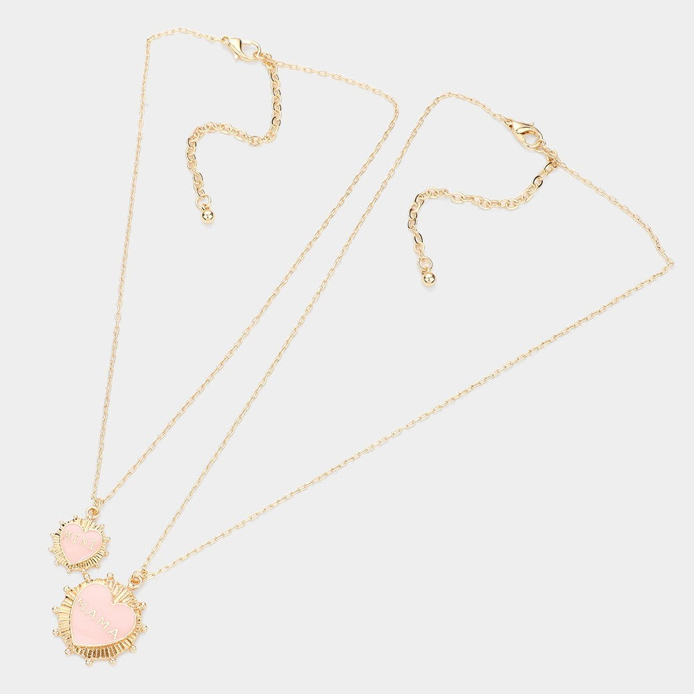 MAMA MINI Enamel Heart Pendant Necklace Set for Mom and Daughter 2PCS