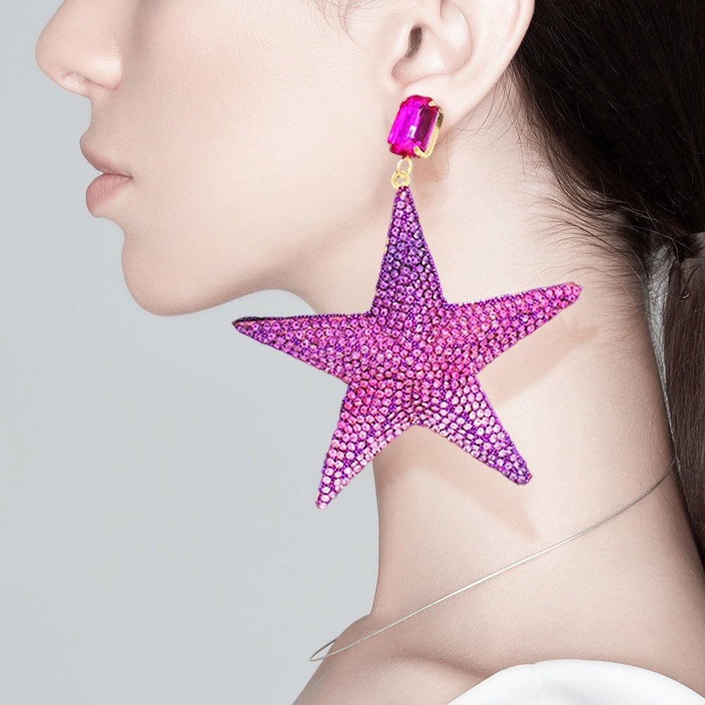 Pink Aurora Borealis Crystal Starburst Gold Statement Dangle Earrings