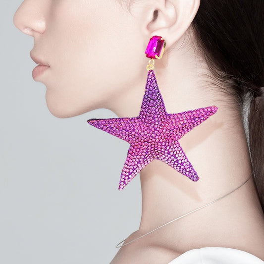 Pink Aurora Borealis Crystal Starburst Gold Statement Dangle Earrings