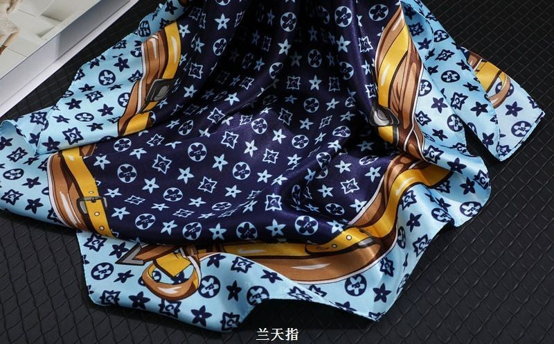 Silk Feel Scarf Dark Blue Light Blue Chain Belt Print Square Equestrian Style