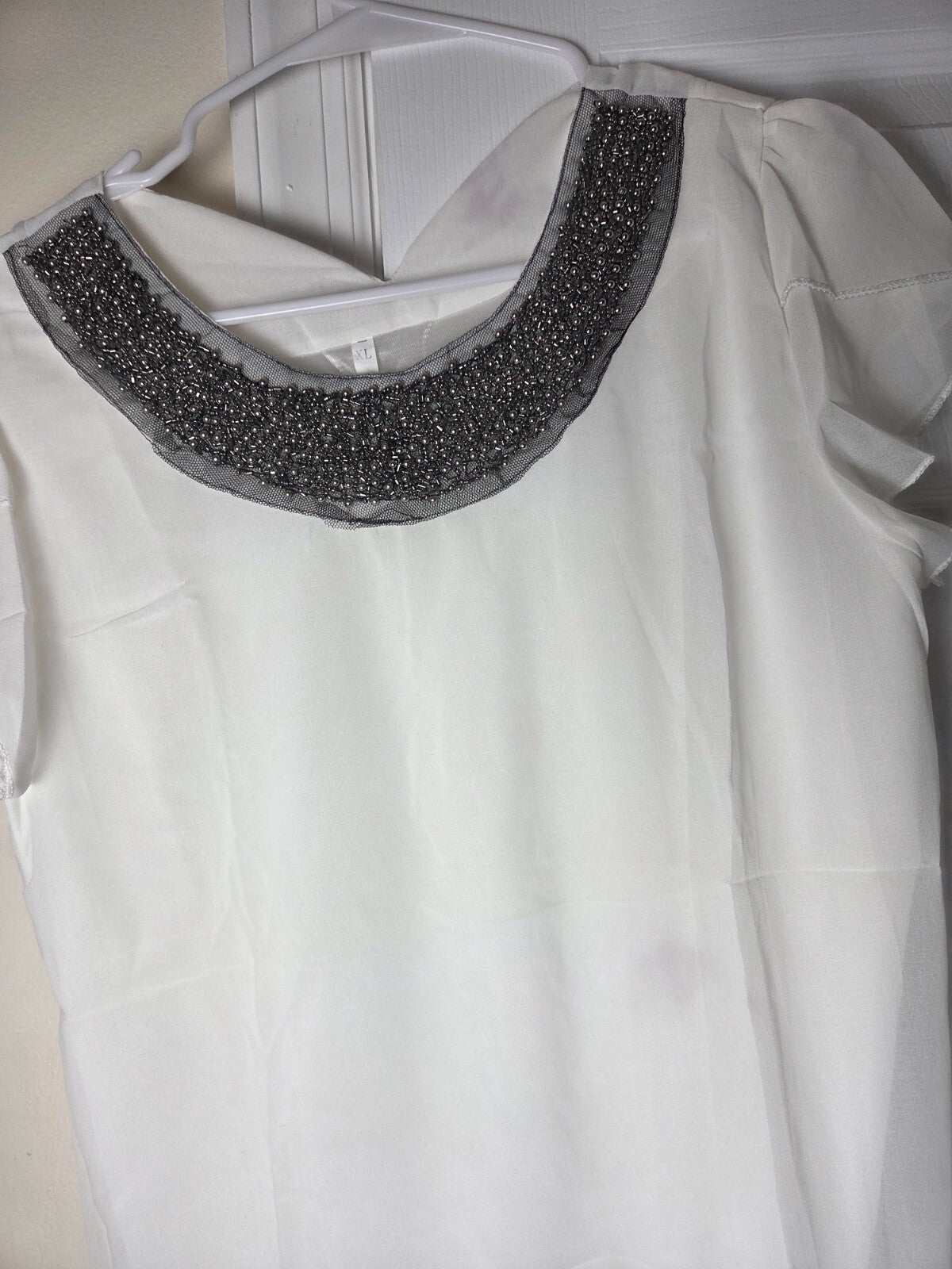 Studded Neckline Chiffon Blouse for Women Size XL Lightweight Sheer Top Ladies