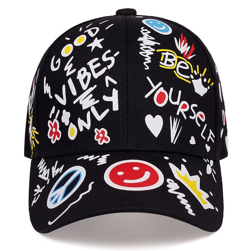 2pcs Graffiti Print Baseball Cap Be Yourself Inspirational Snapback Hat Set