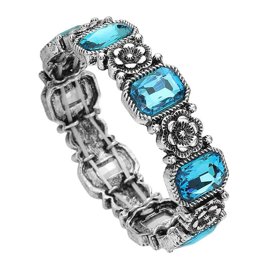 Western Rectangle Stone Cluster Flower Link Stretch Bracelet for Women