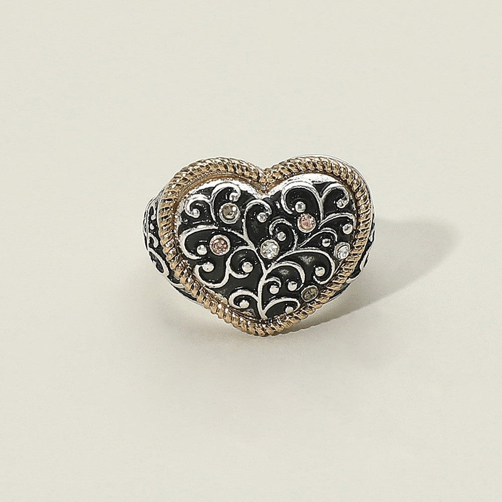 Vintage Filigree Heart Statement Ring  Lady Two-Tone Rope Border Crystal Accents