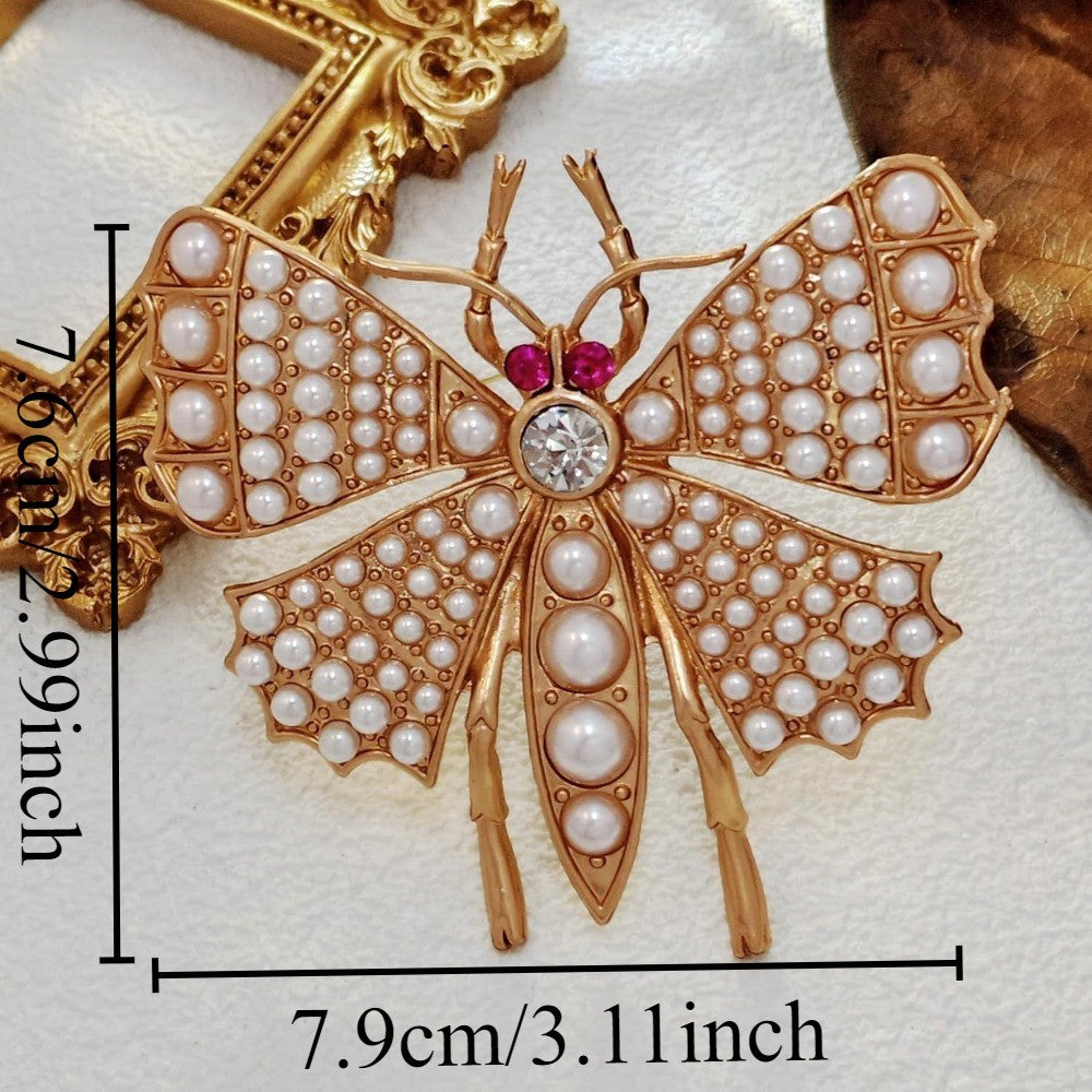 Gold Pearl Butterfly Brooch Insect Pin Rhinestone Crystal Vintage Style