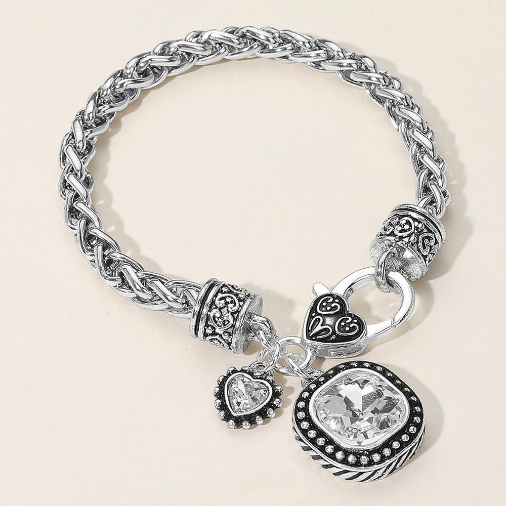 Womens Antique Silver Braided Chain Square CZ Heart Charm Bracelet Lobster Clasp
