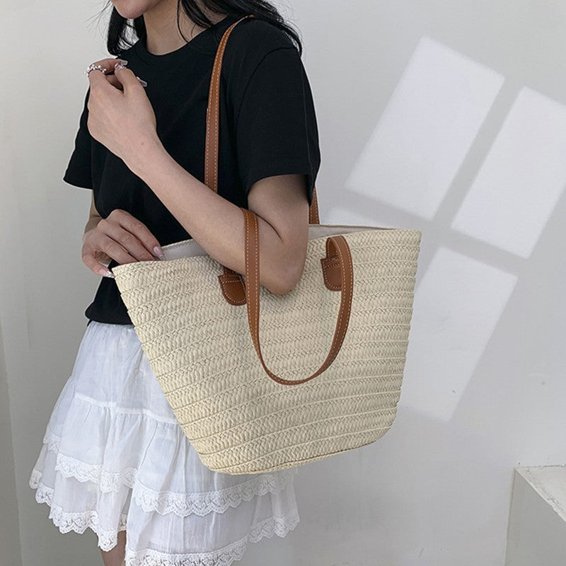 Women’s Large Capacity Paper  Woven Shoulder Bag Summer Basket Handbag Beige