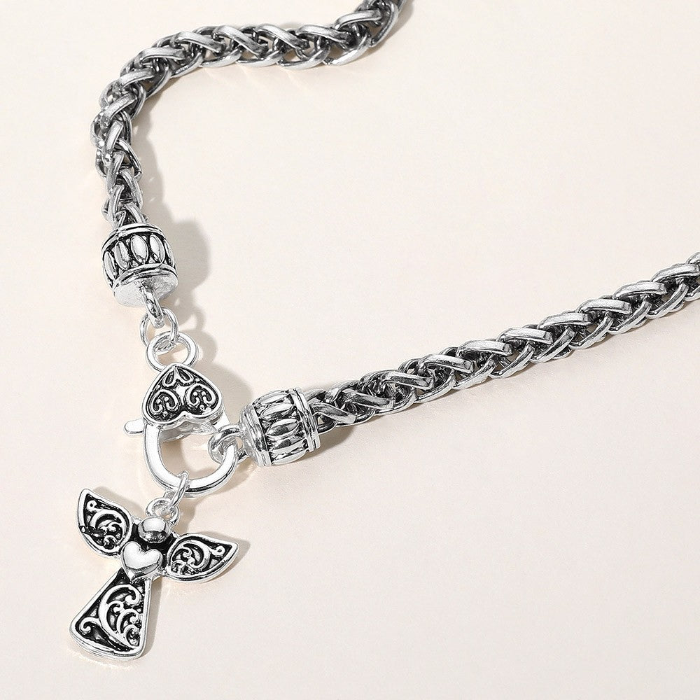 Angel Pendant Necklace Antique Silver Tone Pointed Charm Metal Chain Jewelry