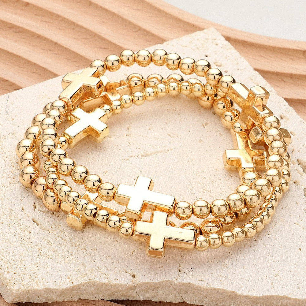 Metal Cross Pointed Ball Beaded Stretch Multi Layered Bracelets 3-Piece Set