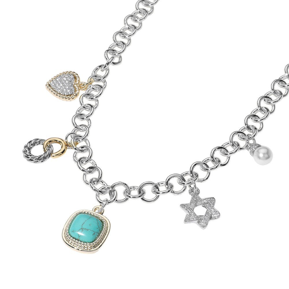 14K Gold Plated CZ Heart Star Pearl Turquoise Charm Cluster Necklace for Women