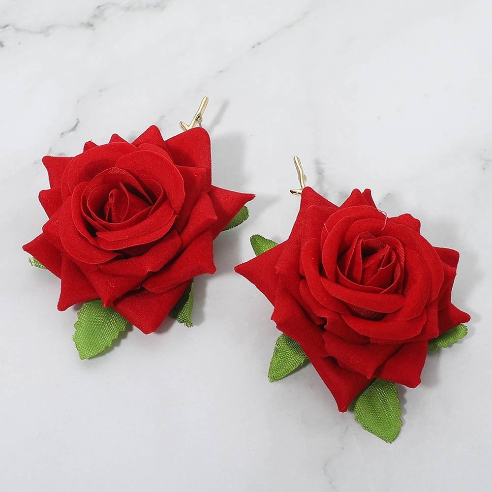 Red Velvet Rose Floral Statement Dangle Drop Earrings with Green Leaf Detail