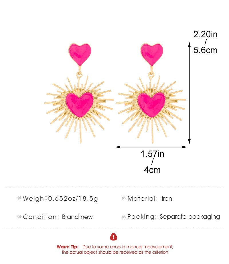 Hot Pink Enamel Heart Sunburst Drop Dangle Earrings Gold Tone Statement