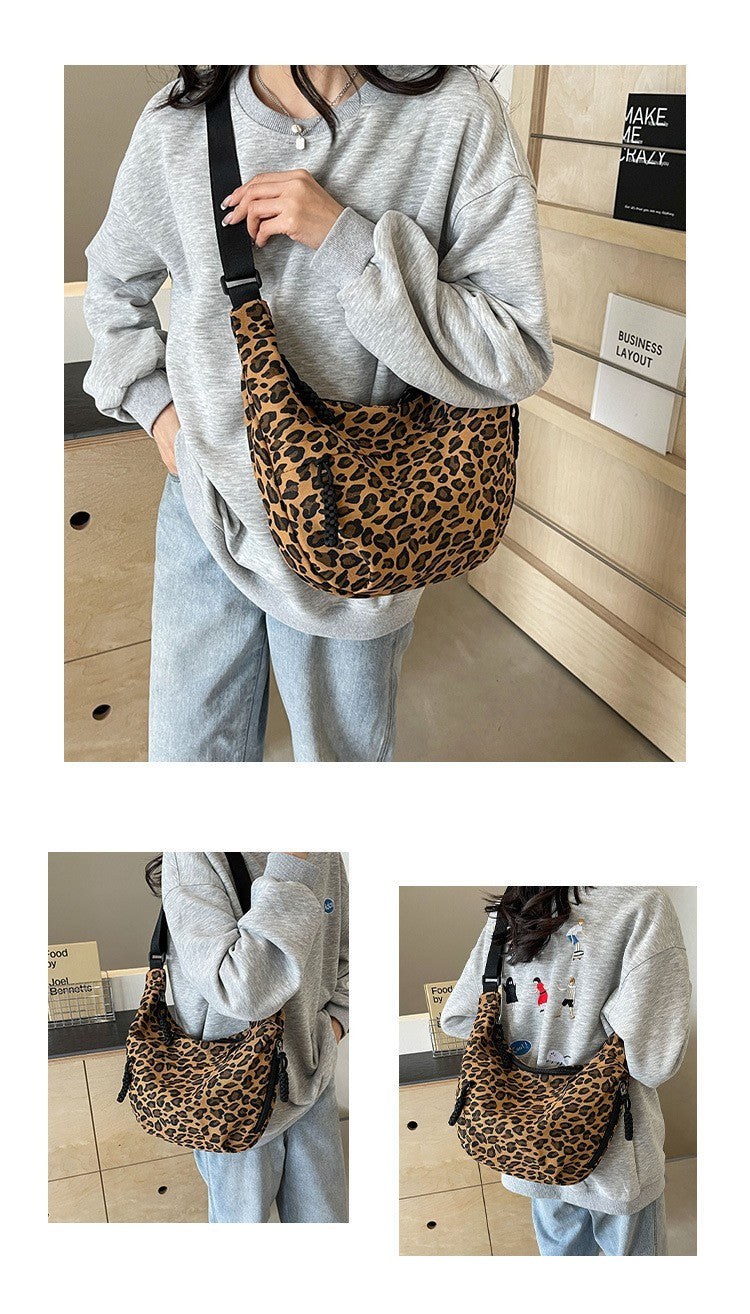 Classic Tan Leopard Print Hobo Bag Slouchy Crescent Crossbody Shoulder Purse