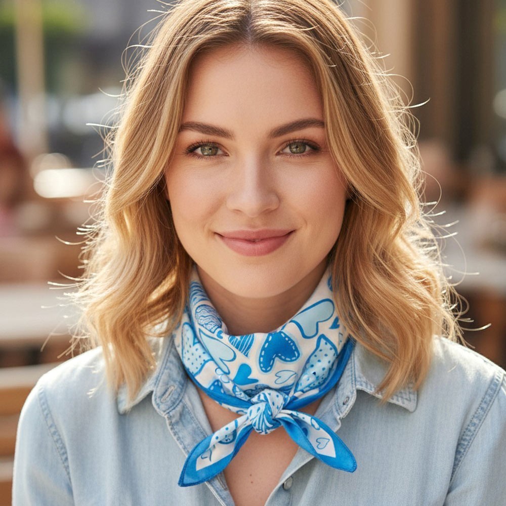 Playful Square Bandana Scarf Polyester Blue and White Heart Pattern Neckerchief