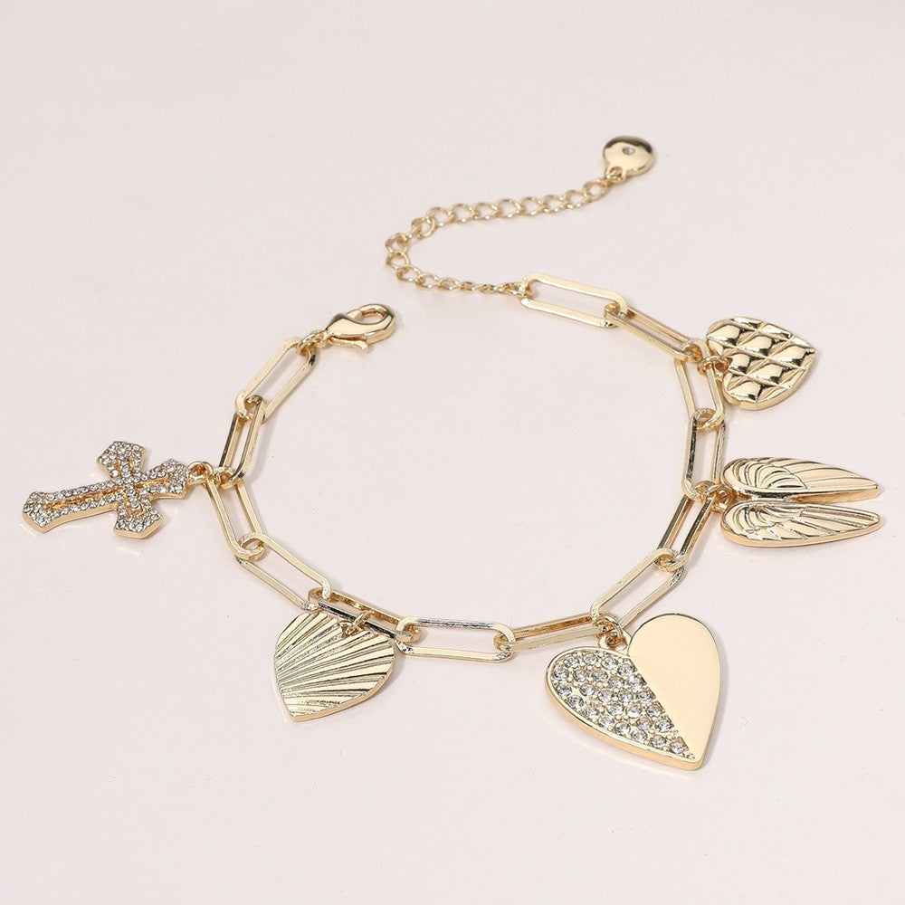 Stone Paved Cross Heart Wing Charm Station Paperclip Chain Bracelet for Women