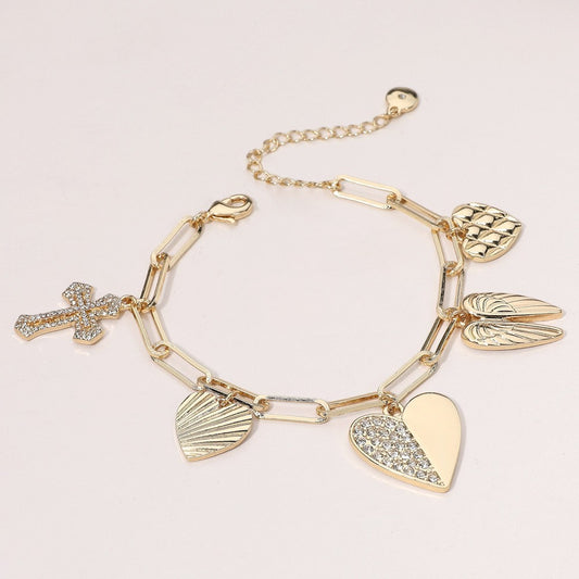 Stone Paved Cross Heart Wing Charm Station Paperclip Chain Bracelet for Women