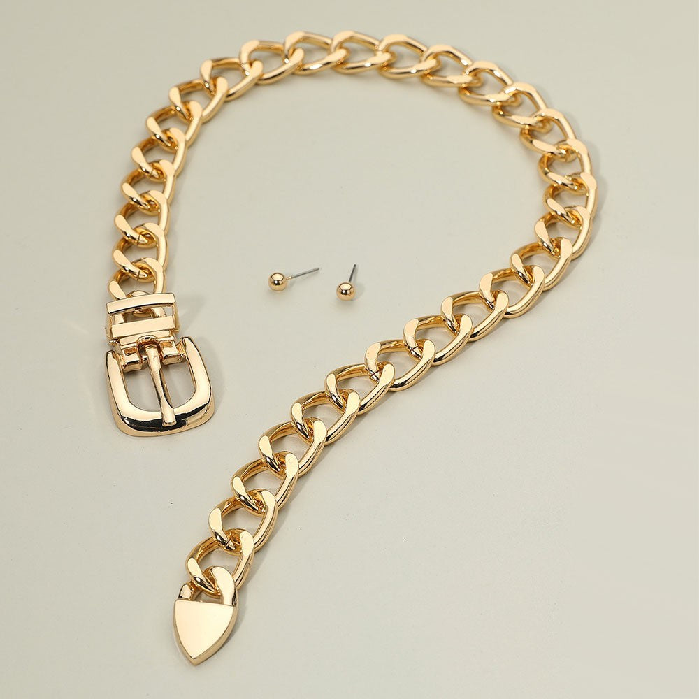 Gold Tone Chunky Belt Buckle Choker Chain Necklace & Stud Earrings Set for Women