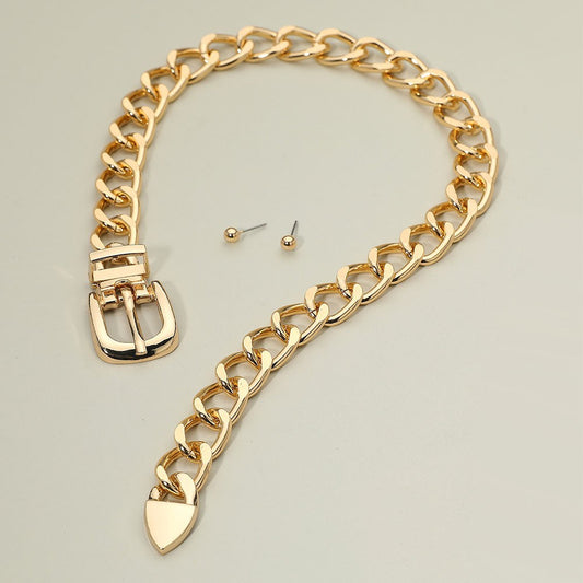 Gold Tone Chunky Belt Buckle Choker Chain Necklace & Stud Earrings Set for Women
