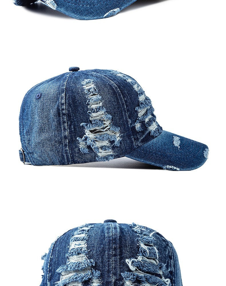 Distressed Ripped Denim Baseball Cap Deep Blue Dad Hat Adjustable Unisex