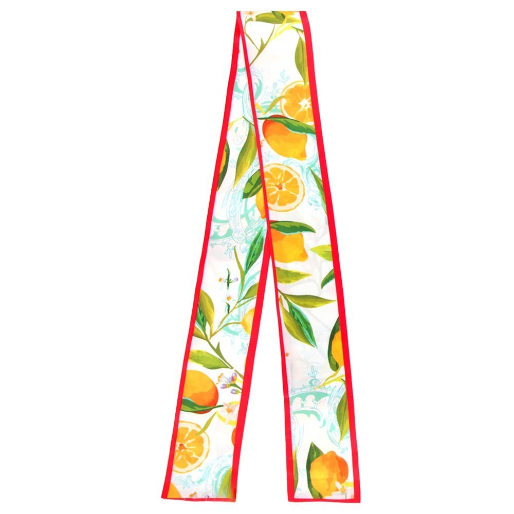 Lemon Print Silk Feel Twilly Skinny Scarf Red Hair Neck Bag Ribbon Wrap