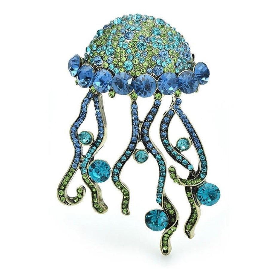 2pcs Sparkling Crystal Jellyfish Brooch Set Blue Amber Rhinestone Marine Pins