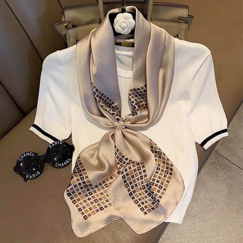 Luxury Champagne Silk Feel Square Scarf Geometric Diamond Border Neckerchief