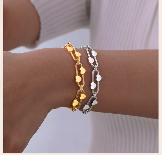 2-Piece Set: Heart Bracelet Double Layered Gold & Silver Tone Adjustable
