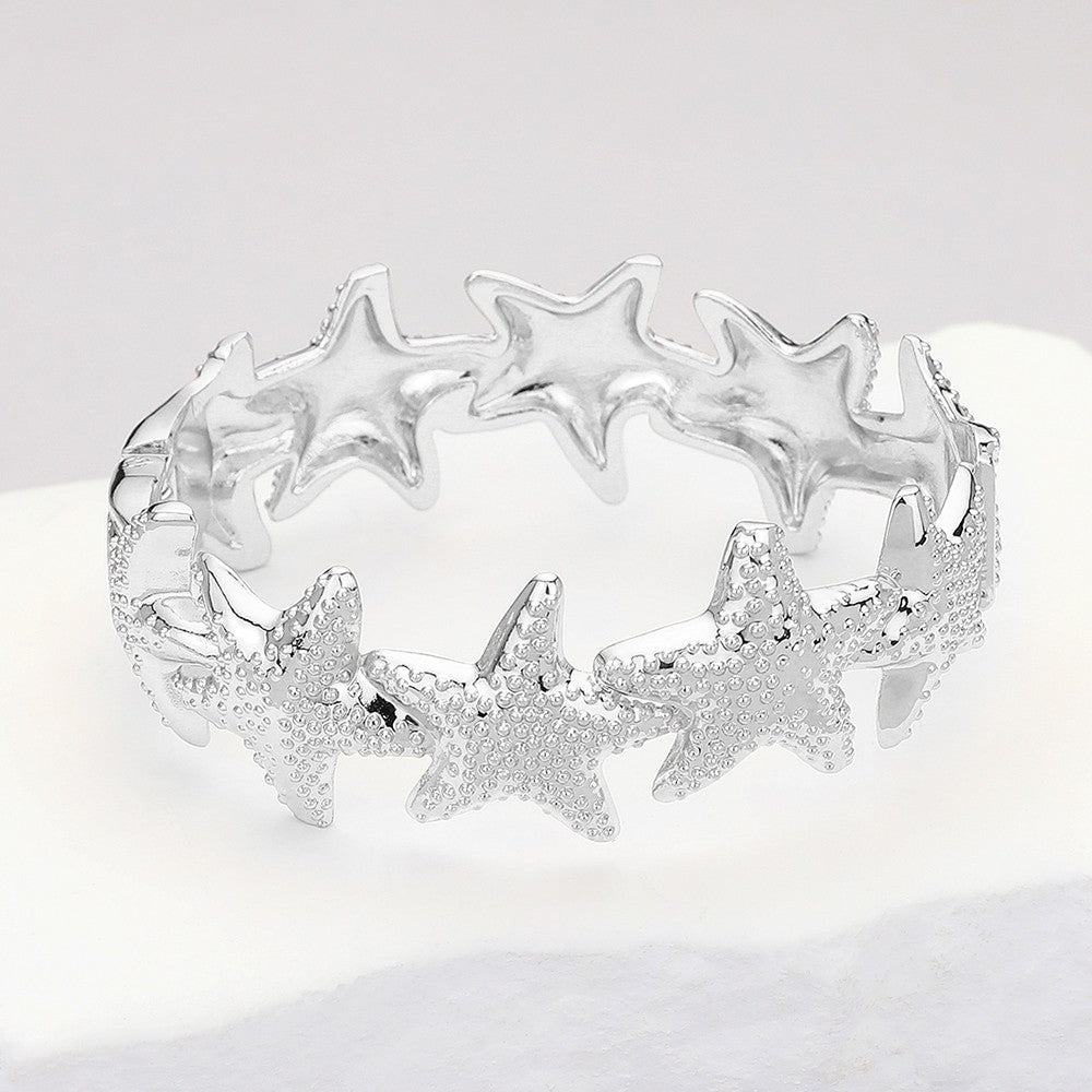 Silver Textured Starfish Link Hinged Bangle Bracelet for Women Ocean Jewelry
