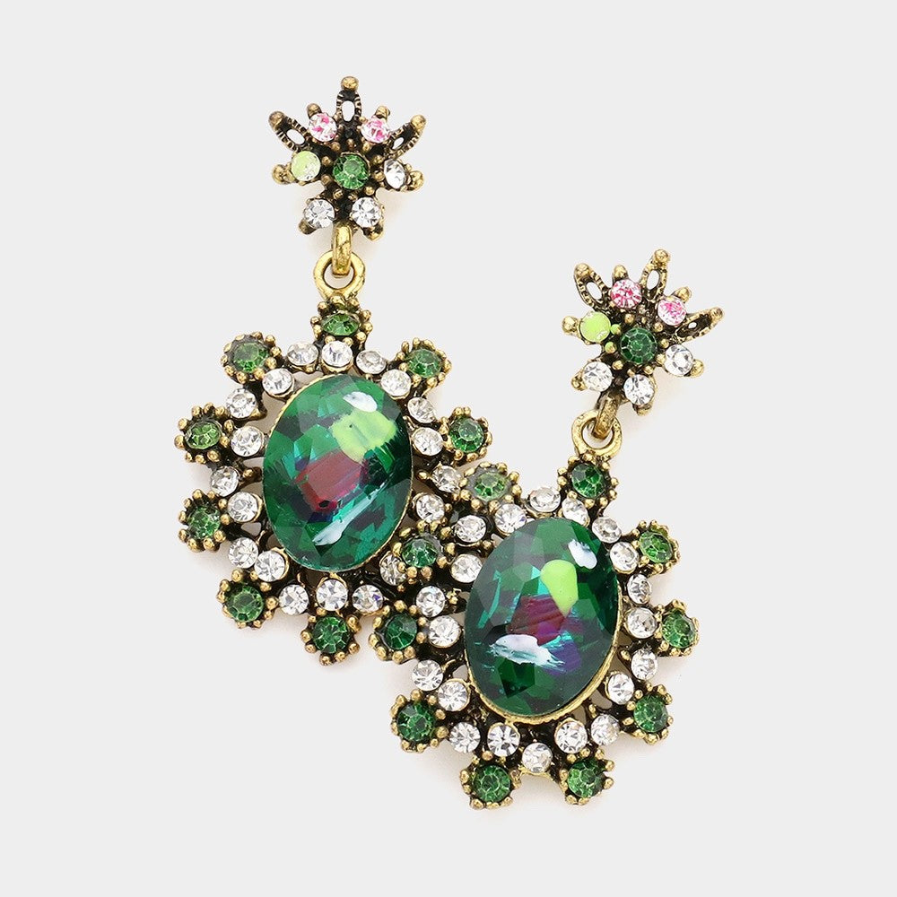 Antique Gold Green Emerald AB Oval Crystal Halo Cluster Drop Earrings 1" X 2.2"