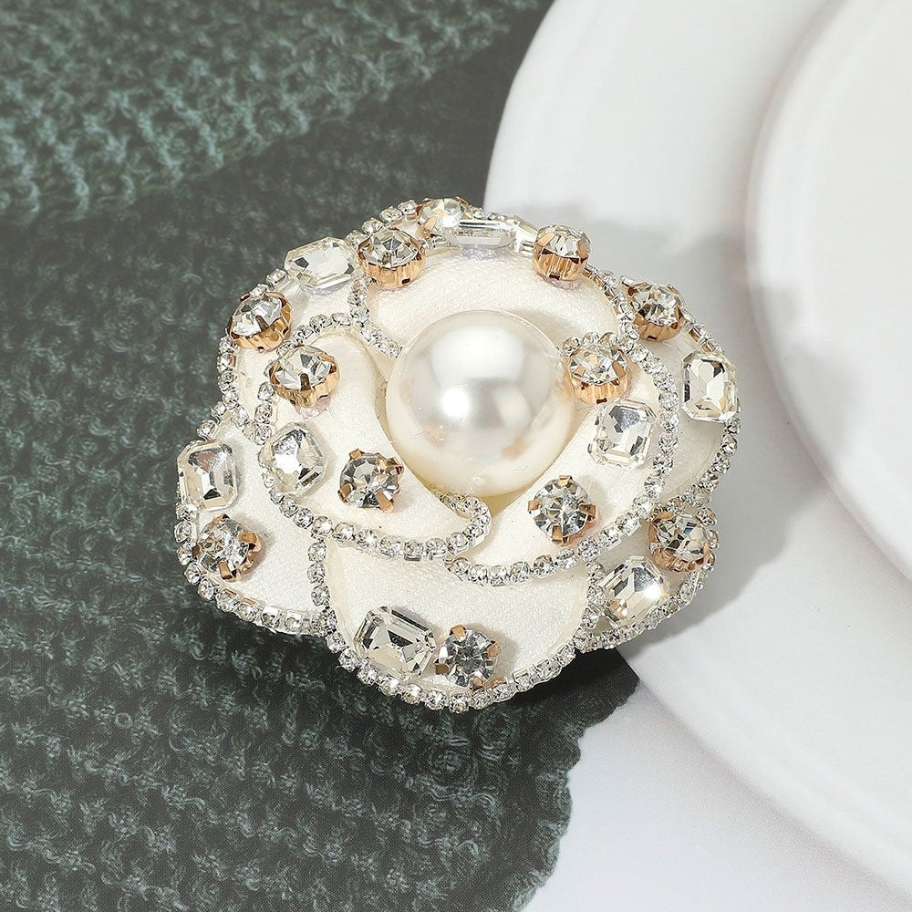 Elegant White Camellia Flower Brooch Pin with Large Pearl and Crystal Accents