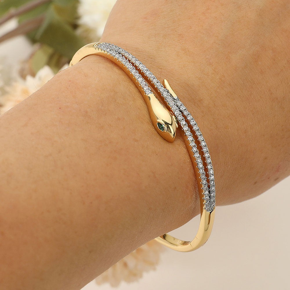 Secret Box Stainless Steel Rhinestone Pave Sleek Snake Hinged Bangle Bracelet