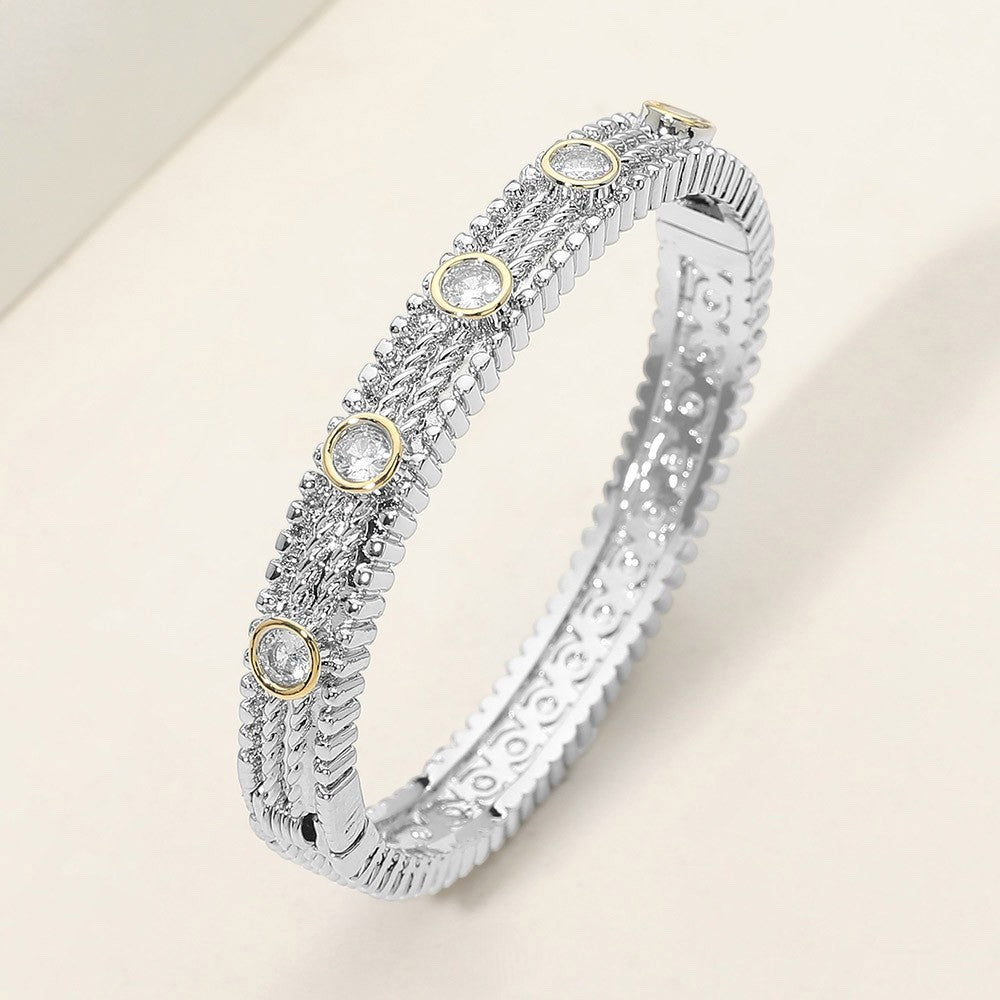 Silver & Gold Two-Tone Rope Texture Cubic Zirconia Hinged Bangle Bracelet