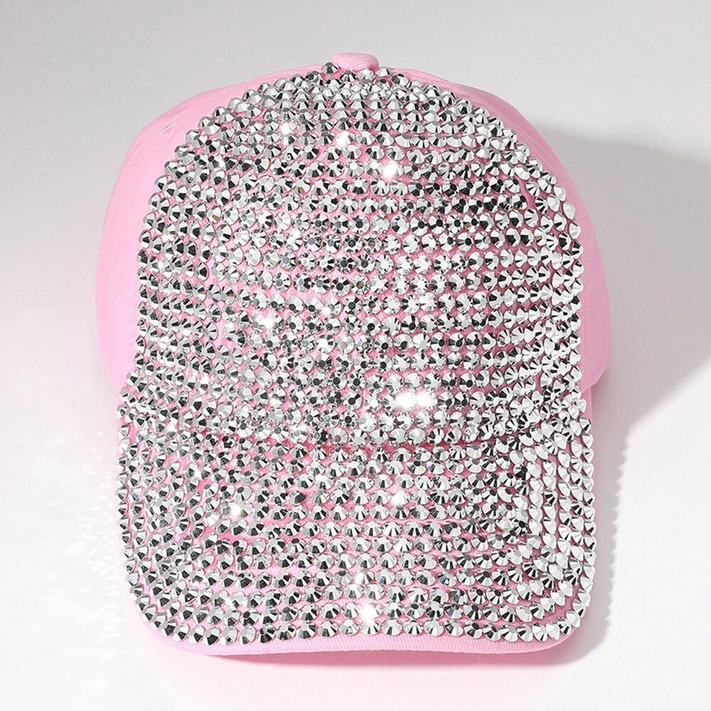 Women's Bling Studded Glam Baseball Cap Sparkly Rhinestone Adjustable Hat Pink