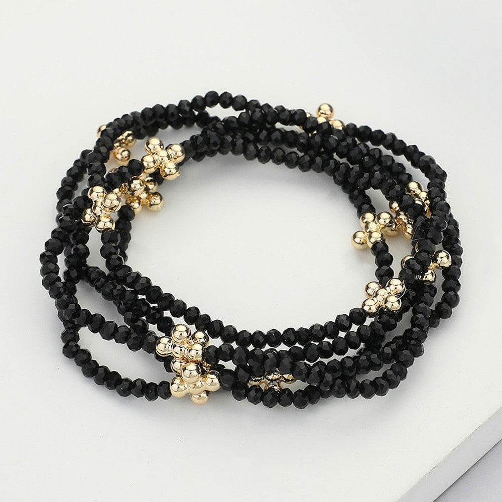 5PCS Black Faceted Beaded Stretch Bracelets Gold Bubble Flower Accented Jewelry