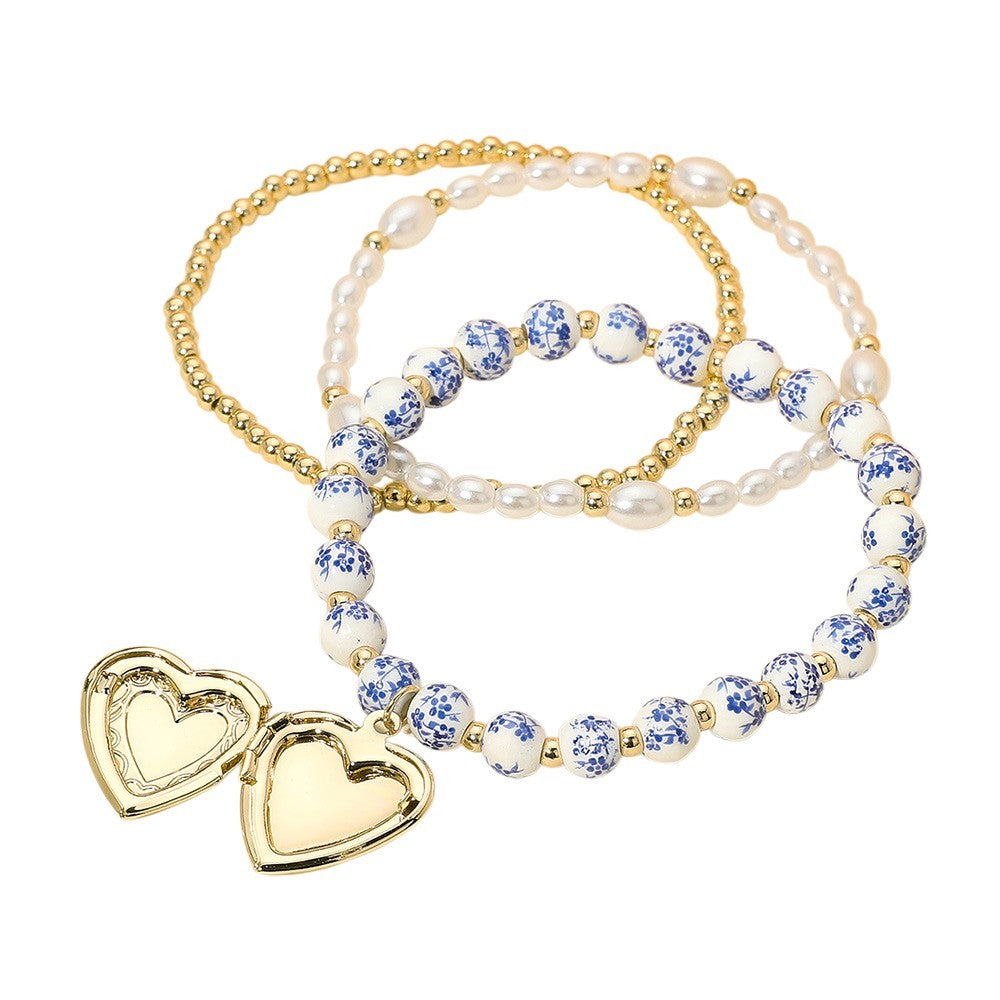 3PC Women's Beaded Stretch Bracelet Set Heart Locket Pearl Ceramic Metal Charm
