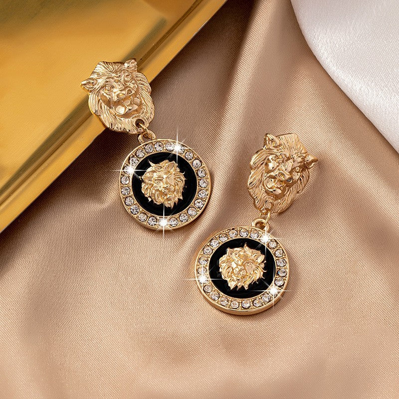 Vintage Lion Head Gold Tone Dangle Earrings Black Crystal Drop