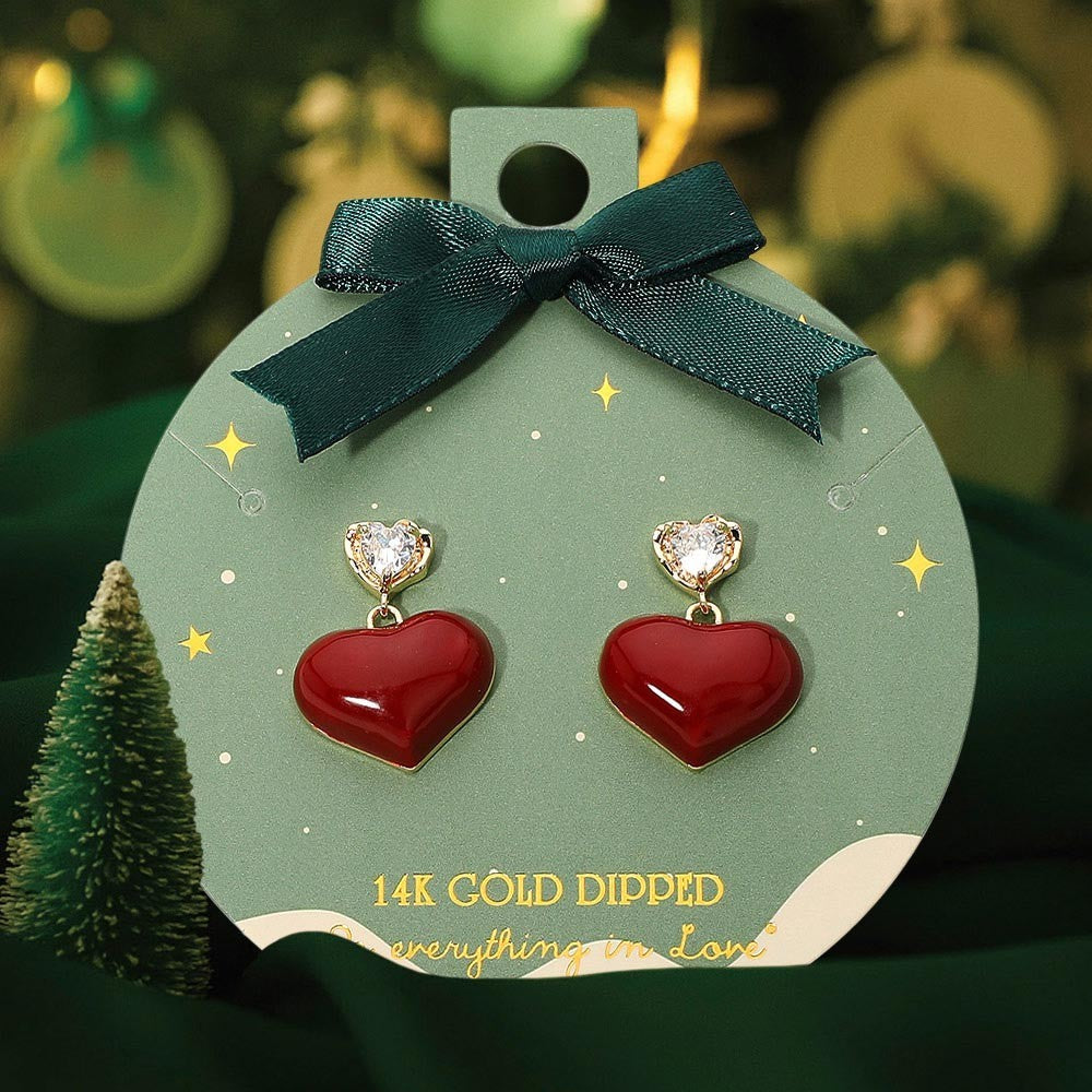 Red Heart Drop Earrings 14K Gold Dipped Cubic Zirconia Dangle Studs Valentine