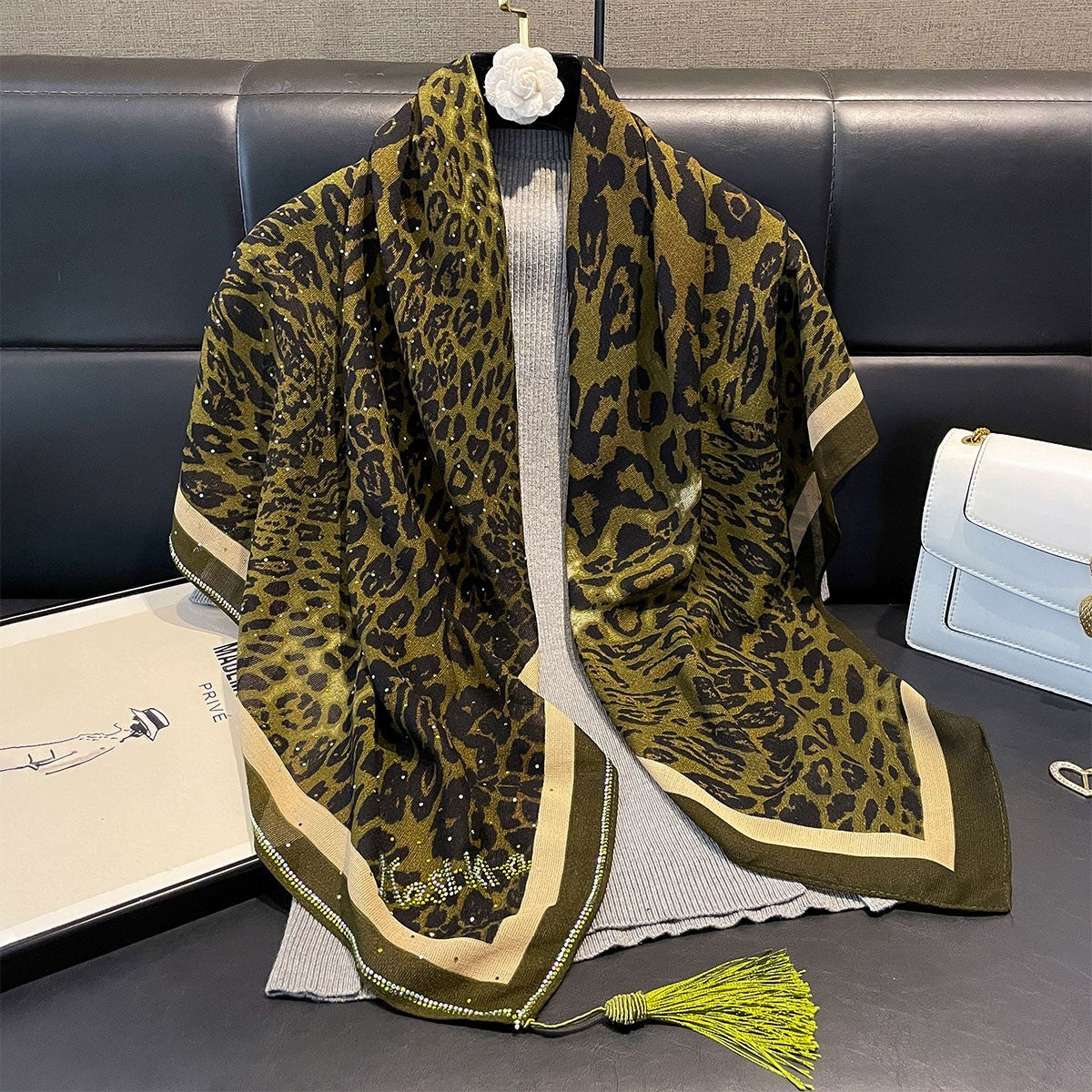 Elegant Green Leopard Print Rhinestone Tassel Scarf Shawl Wrap for Women