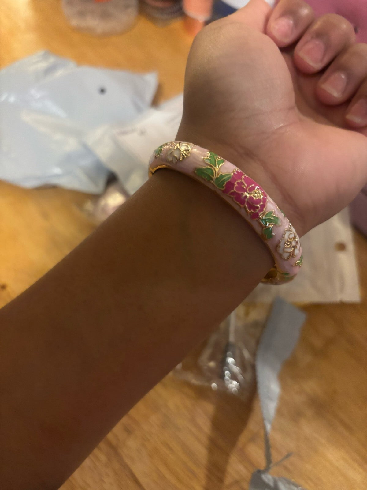 Pink Enamel Floral Bangle Bracelet for Women Elegant Gift Jewelry