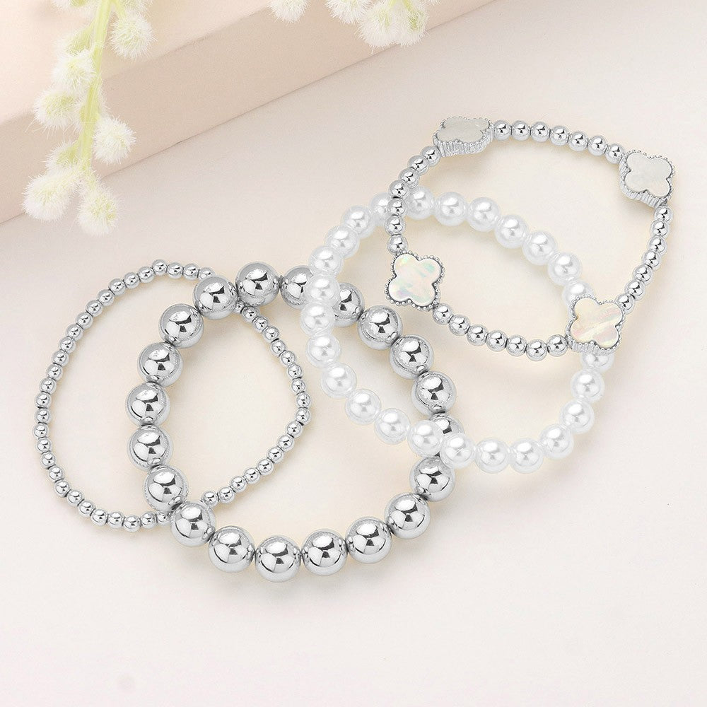 4PCS Quatrefoil Pointed Metal Ball Pearl Beaded Stretch Multi-Layer Bracelets