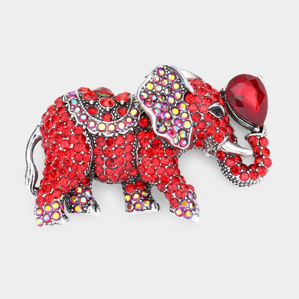 Silver Tone Red Rhinestone Elephant Brooch Crystal Lucky Animal Statement Pin