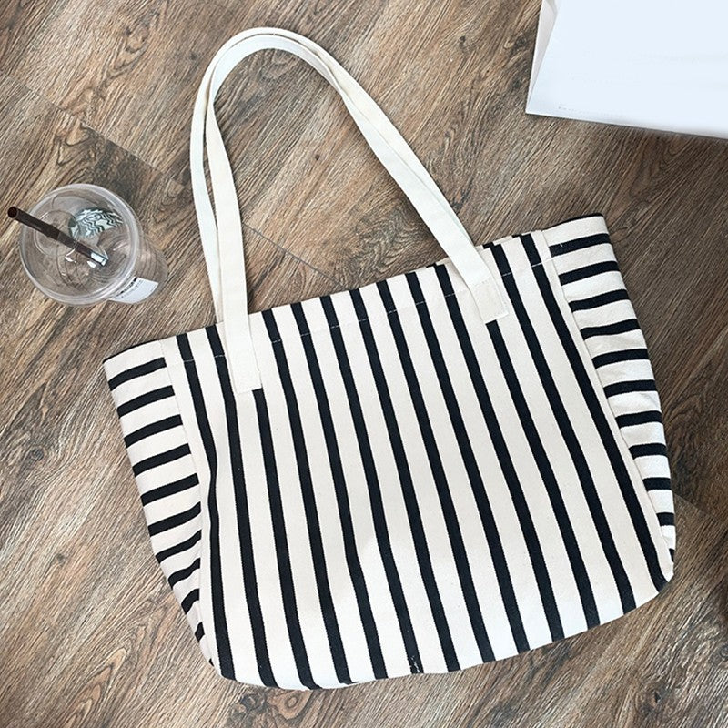 Large Canvas Tote Bag Striped Black White Shoulder Handbag Cotton Beach Shopper