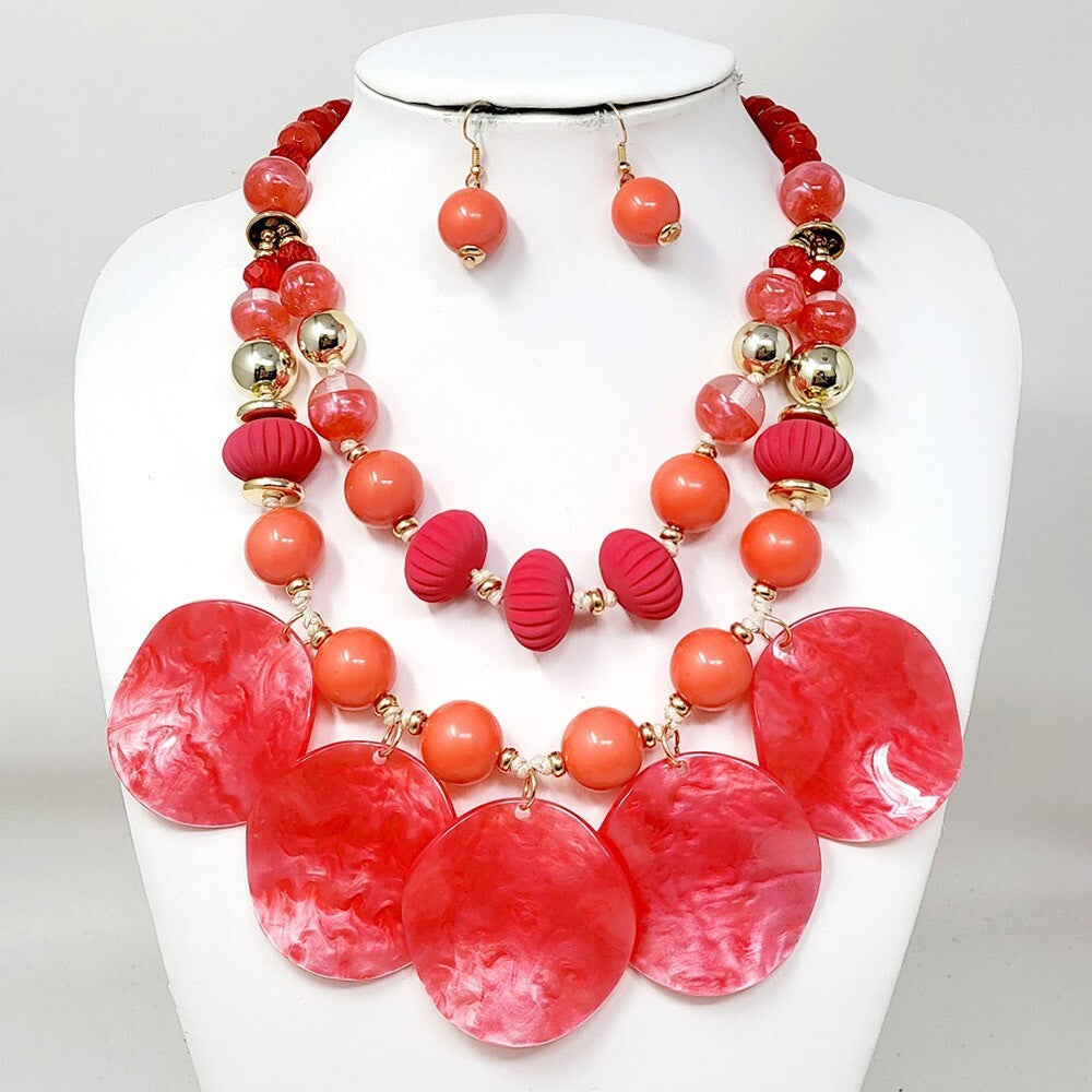 Chunky Wavy Resin Disc Beaded Necklace Double Layered Statement Jewelry