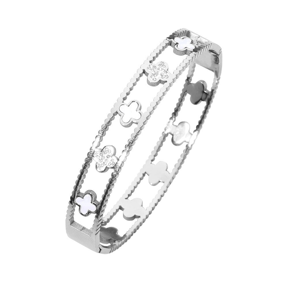 Stainless Steel Quatrefoil Bracelet Hinged Bangle Chic Fashion Jewelry