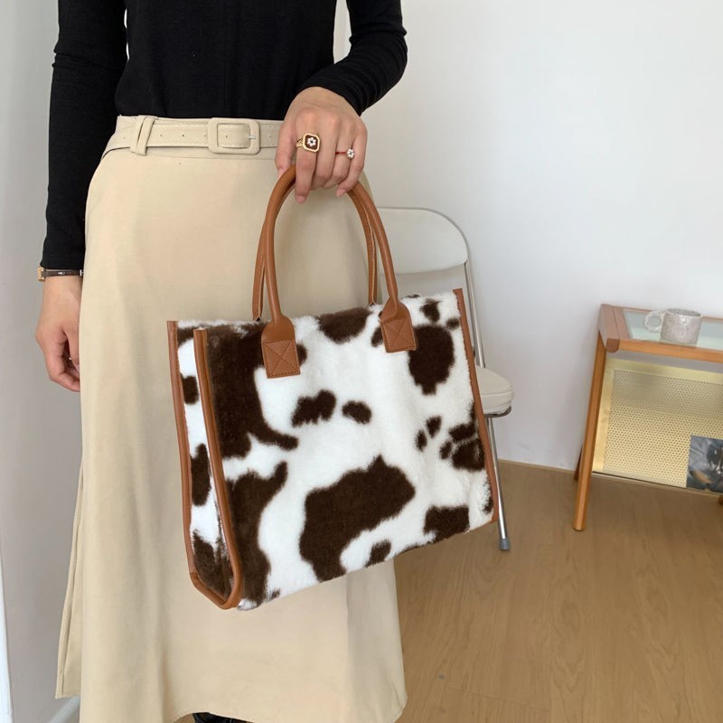 Plush Cow Print Tote Bag Handbag Fuzzy Faux Fur Shoulder Bag