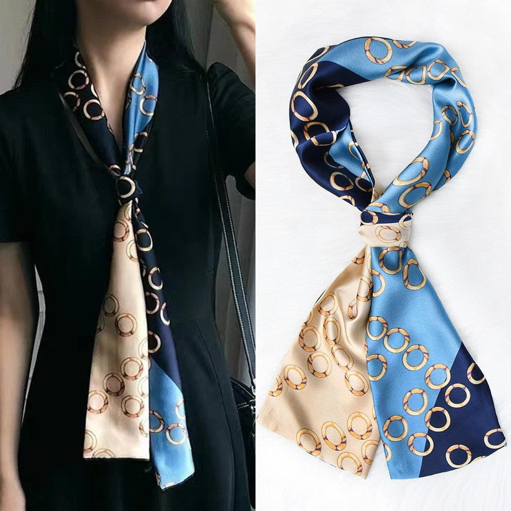 2pcs Women Skinny Silk Feel Scarf Set Green Oil Paint Blue Geometric Ring