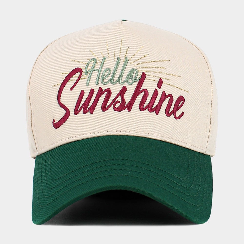 Hello Sunshine Embroidered Trucker Hat Two-Tone Green and Cream Baseball Cap