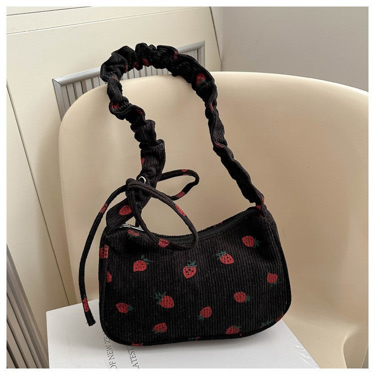 Cute Y2K Beige Corduroy Strawberry Scrunchie Strap Shoulder Bag