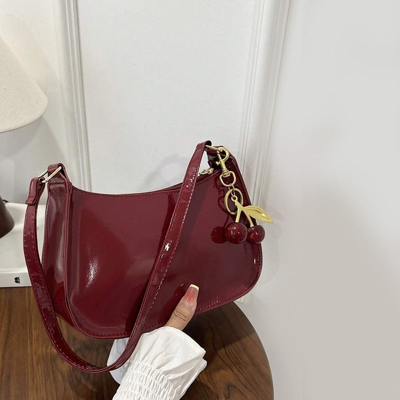 Glossy Cherry Red Patent Shoulder Baguette Bag with Cherry Charm Y2K Aesthetic