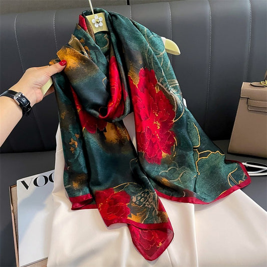 Luxury Dark Floral Silk-Feel Scarf Large Square Satin Shawl Wraps for Women